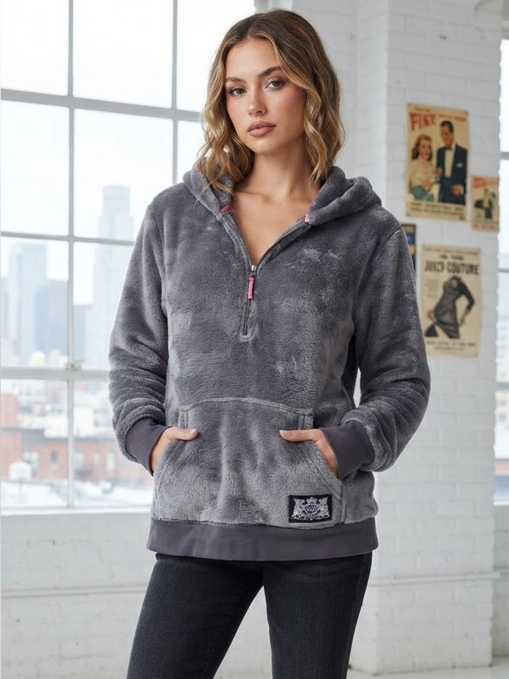 Juicy Couture Fleece Hoodie M  Gray/pink Y2K Track Jacket 3/4 Zip Pockets